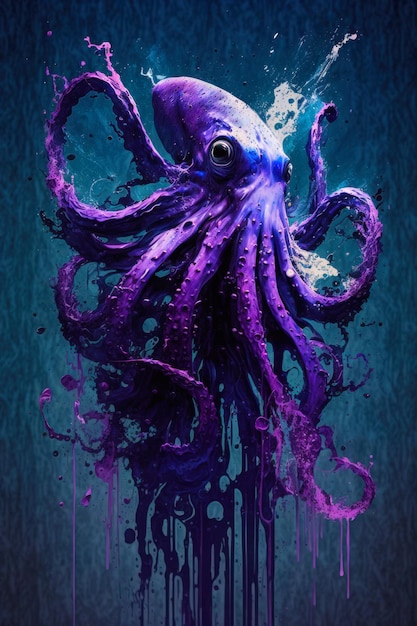 Imagen de pulpo con pintura morada en su cuerpo y fondo azul IA generativa