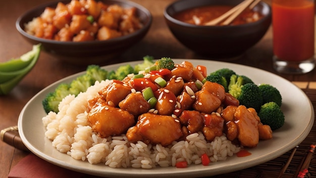 Foto imagen que captura la fusión de sabores en pollo dulce y agrio con arroz marrón