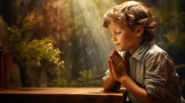 Imagen que captura el momento profundo y sagrado de la conversación de un niño con Dios. Es ideal para publicaciones religiosas, contenido espiritual y materiales basados en la fe.