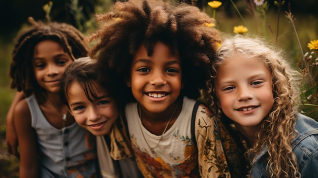 Una imagen que captura el vínculo entre niños multiculturales en el campo.