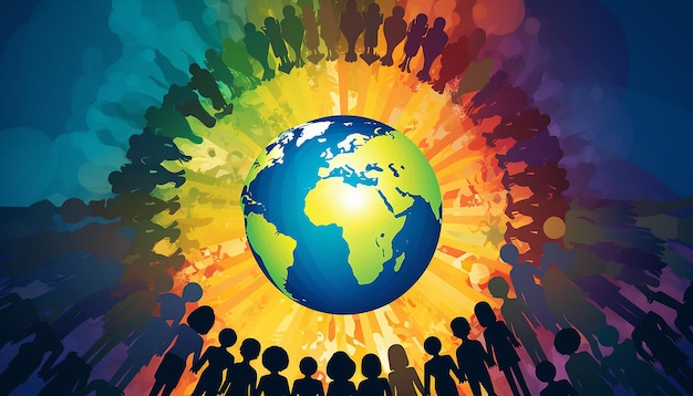 una imagen que ilustra a un grupo de personas diversas tomadas de la mano en un círculo alrededor de la Tierra El centavo