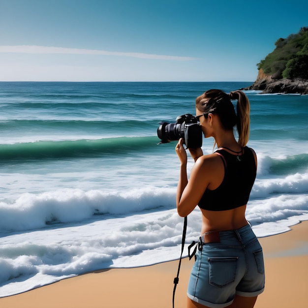 Una imagen que imagino en mi mente es de una mujer de pie cerca de la playa con una cámara y capturando