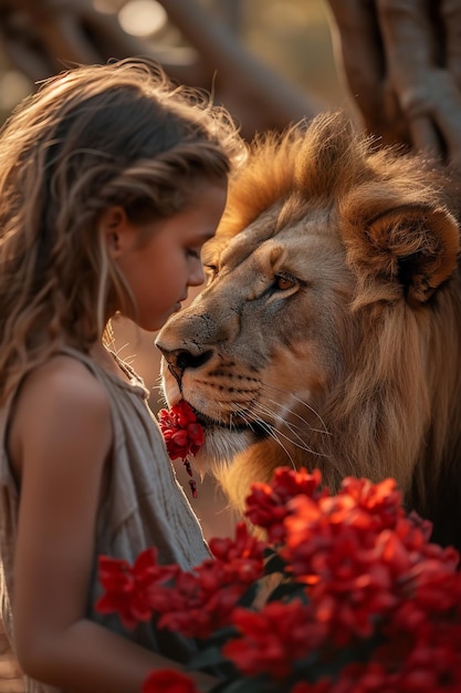 Foto imagen que muestra a un niño pequeño extendiendo flores a un león amor por los animales ia generativa