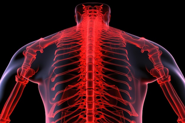 Una imagen que muestra la parte posterior del cuerpo de un hombre resaltada en rojo, la columna vertebral humana y la médula espinal en rayos X rojos generados por la IA