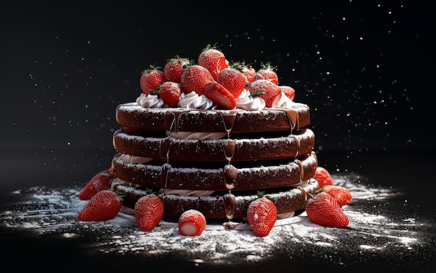 Una imagen que muestra un pastel de chocolate en niveles con fresas en cascada por los lados Azúcar helado y llovizna de chocolate añaden un toque de lujo al pastel