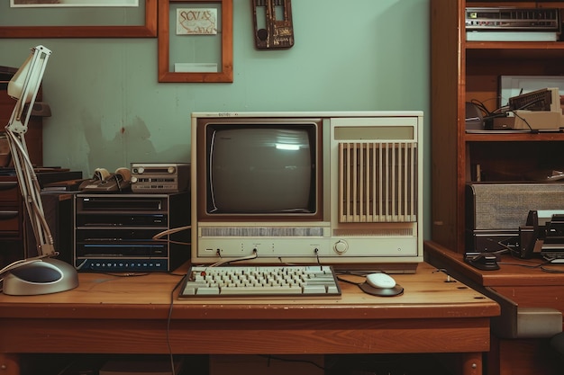 Una imagen que muestra una vieja computadora colocada en la parte superior de un escritorio de madera Imagen retro de una antigua configuración de computadora Generada por IA