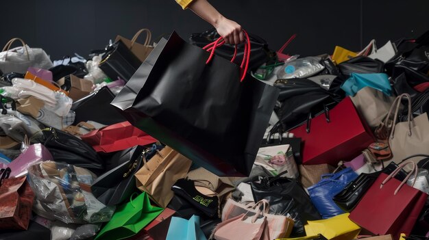 Una imagen que representa el adicto a las compras con una mano tomando una bolsa de compras de una gran pila