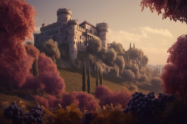 una imagen que representa un castillo encaramado en una colina y rodeado de bosques