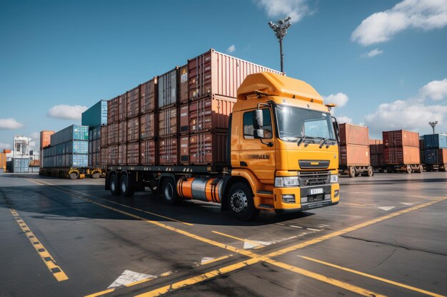 Una imagen que representa la logística con un carguero de contenedores en el puerto y un avión para la importación y exportación