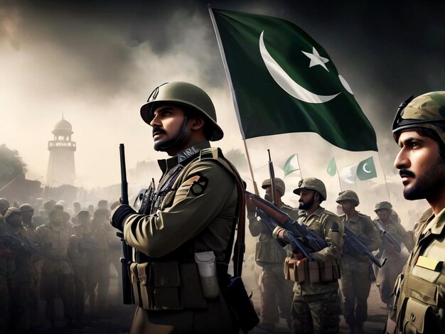 Foto una imagen que retrata la demostración de fuerza y solidaridad de las fuerzas armadas en el día de pakistán