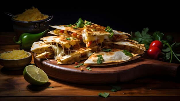 Foto la imagen de quesadillas cortada en cuñas en una mesa de madera