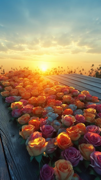 Una imagen de un ramo de rosas sobre una mesa de madera al atardecer.