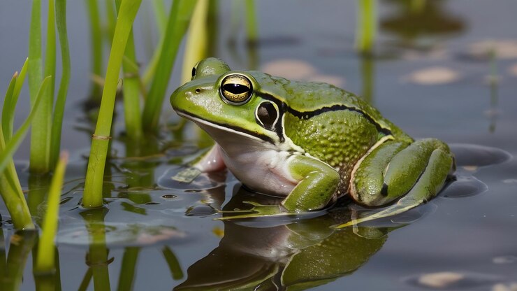 Foto imagen de la rana verde del arrozal o de la rana de arrozal verde, un animal anfibio de la especie rana erythraea