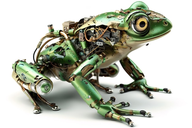 Foto imagen de una rana verde modificada en un robot sobre un fondo blanco ilustración de animales salvajes ia generativa