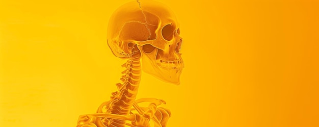 Imagen de rayos X de un cráneo y columna vertebral humanos sobre un fondo amarillo