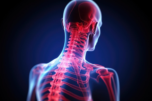 Imagen de rayos X del cuerpo humano en fondo oscuro renderización 3D ilustración 3D de dolor de cuello esqueleto de la columna cervical rayos X concepto médico AI Generado