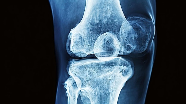 Foto una imagen de rayos x de diagnóstico de una articulación de rodilla con vértebras visibles que proporciona información valiosa para el examen ortopédico para evaluar el dolor de rodilla