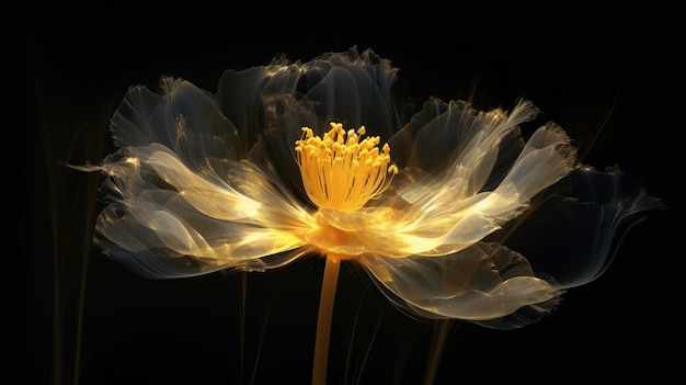 Imagen de rayos X dorada de una flor etérea sobre negro Flor mística de fantasía IA generativa