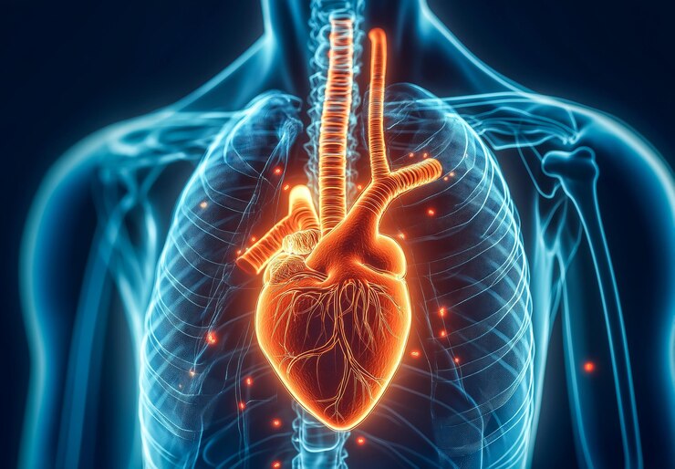Una imagen de rayos X muestra un corazón humano rojo dentro de un pecho IA generativa