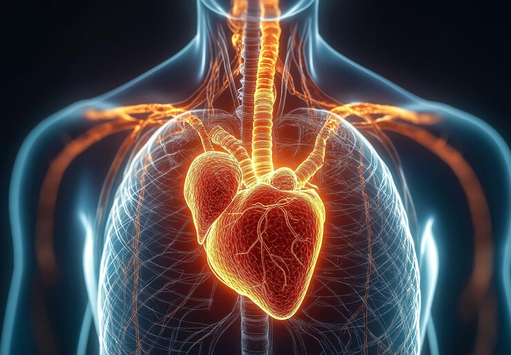 Una imagen de rayos X muestra un corazón humano rojo dentro de un pecho IA generativa