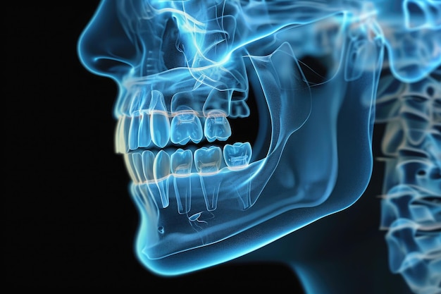 Esta imagen de rayos X muestra una vista clara de una boca humana y dientes 3D de la cara Xray que muestra la mandíbula humana y el maxilar generado por IA