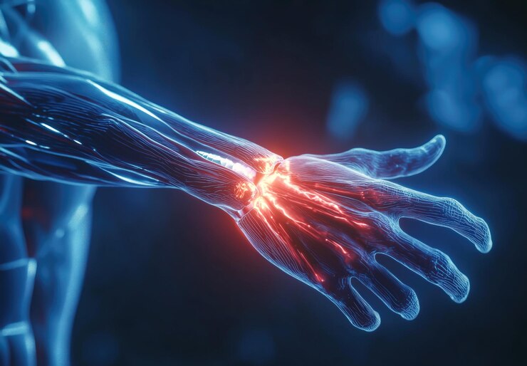 Una imagen de rayos X de una muñeca humana que destaca el área de la articulación con un resplandor rojo para indicar dolor