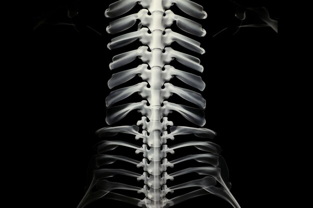 La imagen de rayos X presenta una columna torácica humana y la caja torácica en un esquema monocromático que destaca la estructura ósea con fines de diagnóstico médico y educación anatómica