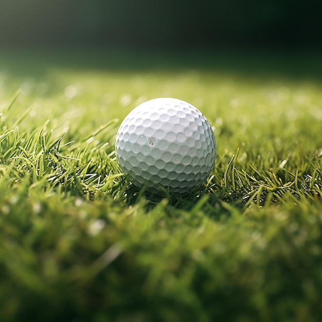 Imagen realista en 3D de una pelota de golf en un terreno cubierto de hierba cerca de la copa