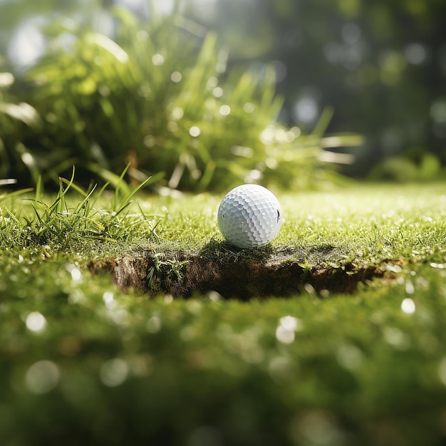 Imagen realista en 3D de una pelota de golf en un terreno cubierto de hierba cerca de la copa