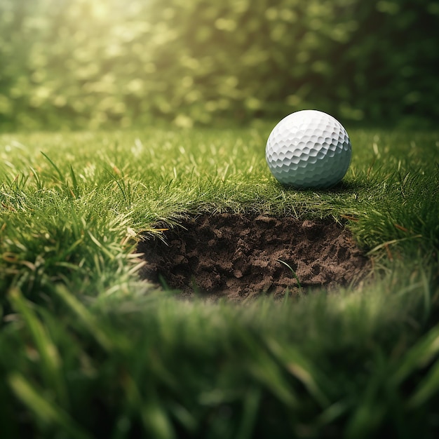 Imagen realista en 3D de una pelota de golf en un terreno cubierto de hierba cerca de la copa