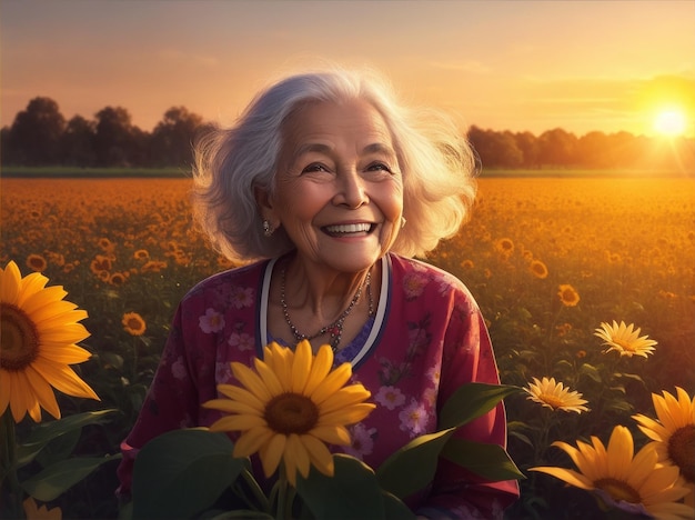 Imagen realista de una anciana con una gran sonrisa en su rostro en un campo de flores con puesta de sol por IA generativa