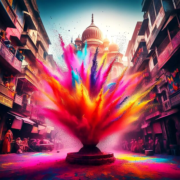 Una imagen realista feliz de Holi de salpicaduras de polvo de color en un festival de Holi