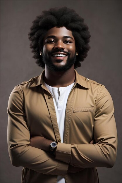 Foto imagen realista de un hombre negro con cabello afro sonriendo con los brazos cruzados