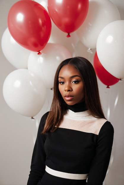 Foto imagen realista de una mujer joven rodeada de globos blancos y rojos