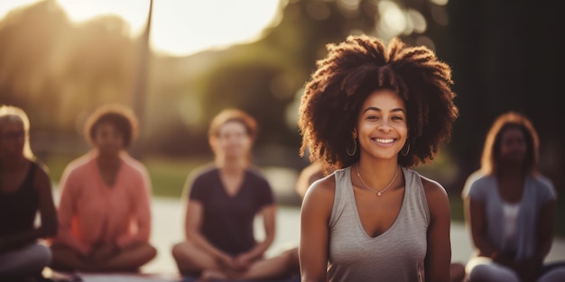 Una imagen realista muy detallada de un grupo de mujeres negras y latinas con sobrepeso instructor