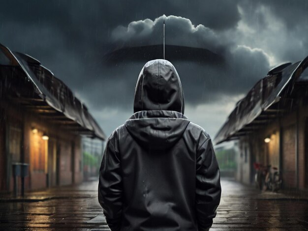 Foto imagen realista de un niño triste de espaldas que lleva una capucha y un paraguas en la mano