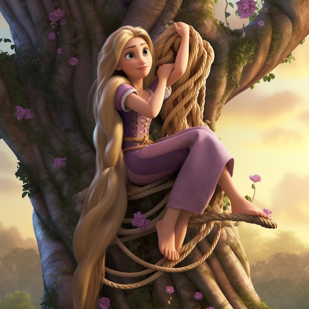 Foto imagen realista de rapunzel sentado en un árbol