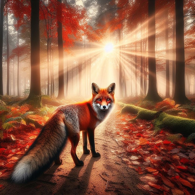 Una imagen realista de un zorro rojo con una cola espesa y orejas negras