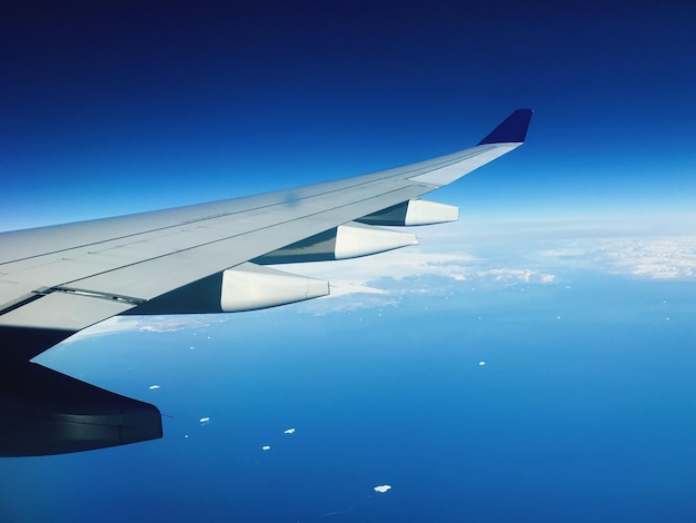 Foto imagen recortada del ala de un avión volando sobre el cielo azul