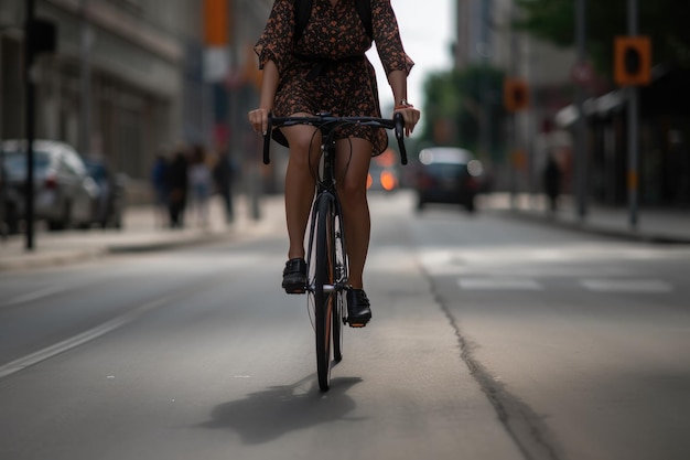 Una imagen recortada de una ciclista en bicicleta por la calle creada con ai generativo