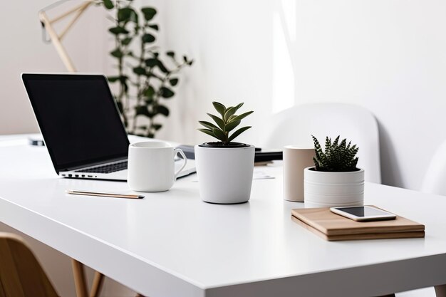 Imagen recortada de un espacio de trabajo simple con una computadora portátil, una maceta y una taza de café en una mesa blanca