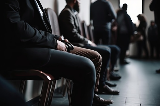 Imagen recortada de gente de negocios esperando una entrevista de trabajo en la sala de conferencias Personas sin rostros y vistas de primer plano esperando una entrevista Generado por IA