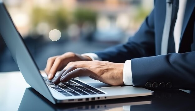 Imagen recortada de un hombre de negocios escribiendo en una computadora portátil en la mesa de la oficina