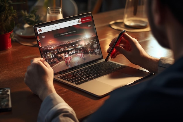 Imagen recortada de un hombre de negocios trabajando en una computadora portátil mientras está sentado en una mesa en una cafetería