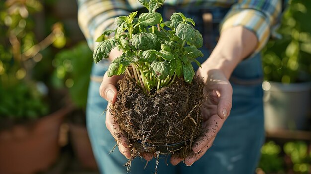 Imagen recortada de un jardinero sosteniendo una planta con sus raíces atadas para la reposta La reposta renova los nutrientes en el suelo IA generativa