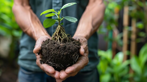 Imagen recortada de un jardinero sosteniendo una planta con sus raíces atadas para la reposta La reposta renova los nutrientes en el suelo IA generativa