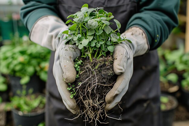 Imagen recortada de un jardinero sosteniendo una planta con sus raíces atadas para la reposta La reposta renova los nutrientes en el suelo IA generativa