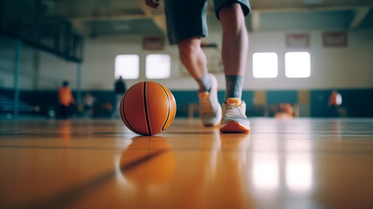 Imagen recortada de un jugador de baloncesto sosteniendo la pelota mientras juega al baloncesto en el gimnasio