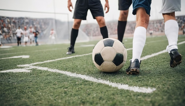 La imagen recortada de jugadores deportivos que atrapan la pelota y el campo de fútbol