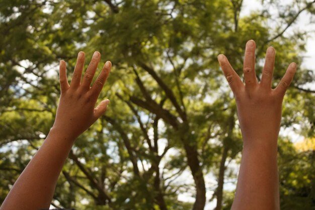 Foto imagen recortada de una mano contra el cielo